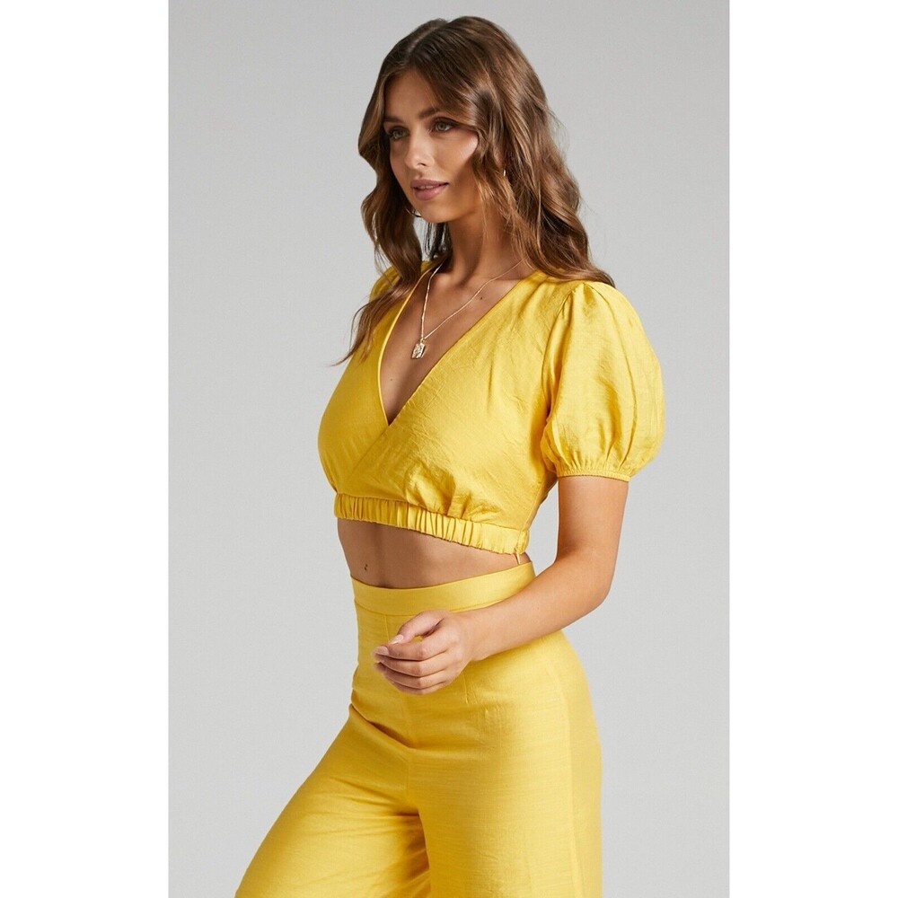 Showpo Aurora Yellow Puff Sleeve Cut Out Back Crop Top Size 4 NWT